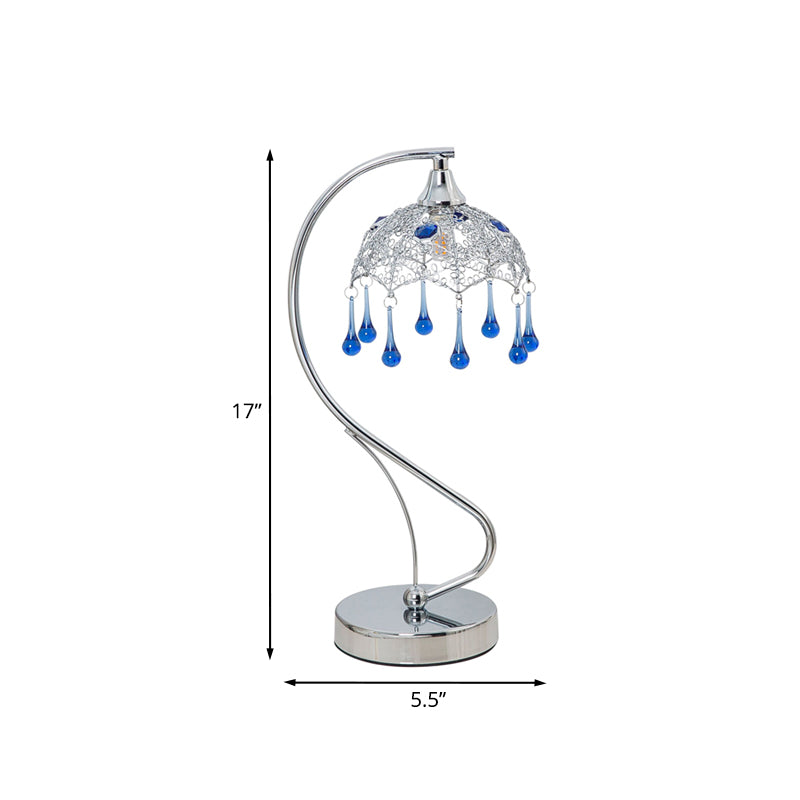 Umbrella Metal Night Table Light Contemporary LED Chrome Nightstand Lamp with Teardrop Blue Glass Decor