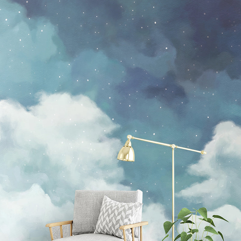 Fresh Mural Wallpaper for Living Room, Pastel Blue and White Cloudy Sky and Star, Made to Measure