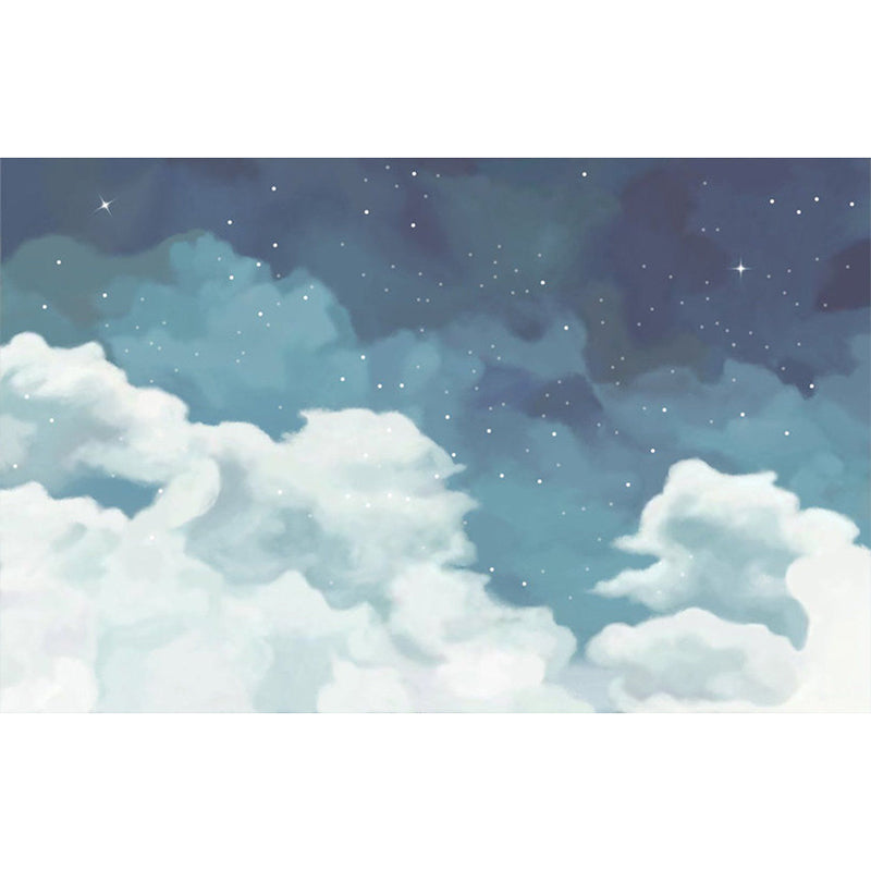 Fresh Mural Wallpaper for Living Room, Pastel Blue and White Cloudy Sky and Star, Made to Measure