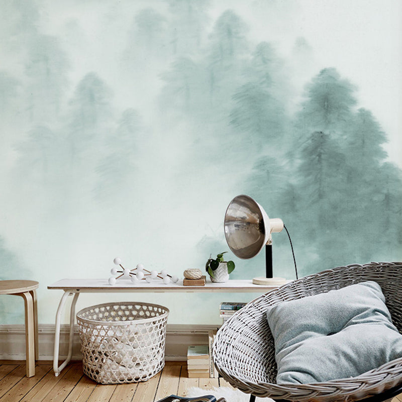 Mountain and Mist Mural Wallpaper Green and White Wall Covering for Accent Wall