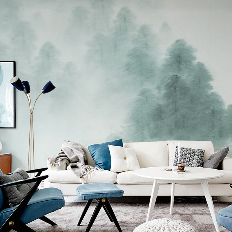 Mountain and Mist Mural Wallpaper Green and White Wall Covering for Accent Wall