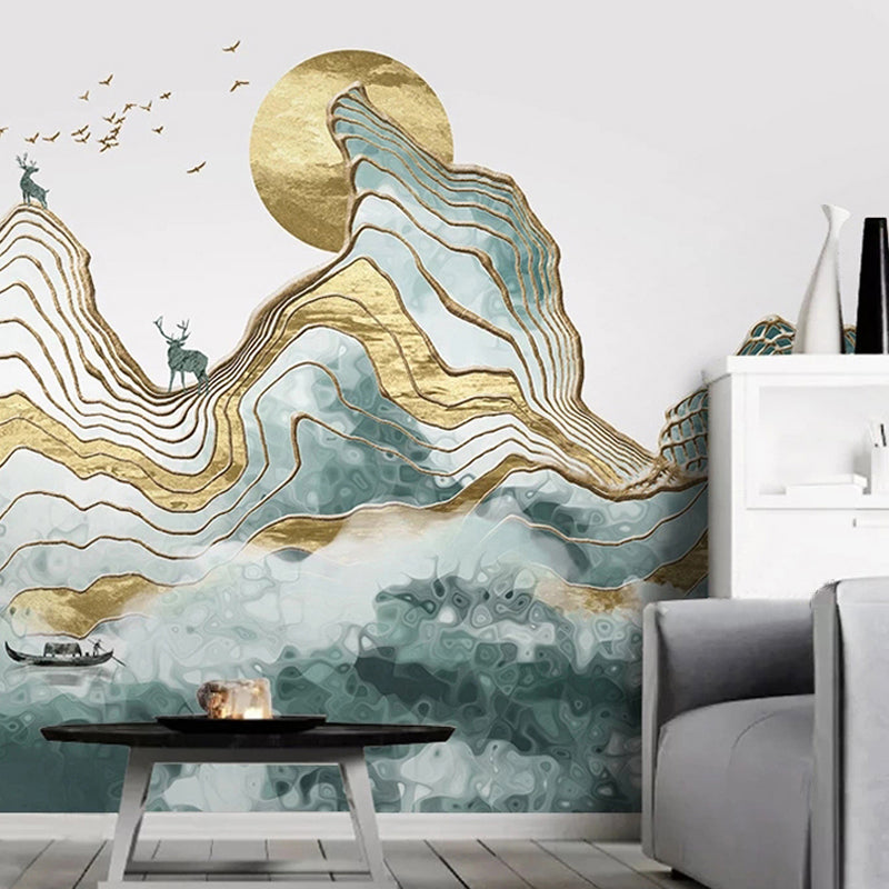 Giant Illustration Style Murals Chinese Traditional Landscape Painting in Yellow and Green for Decor