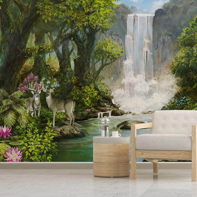 Wandgemälde in frischen Farben, Regenwald und Wasserfall, schmutzabweisende Wandkunst für Cafés