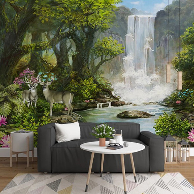 Wandgemälde in frischen Farben, Regenwald und Wasserfall, schmutzabweisende Wandkunst für Cafés