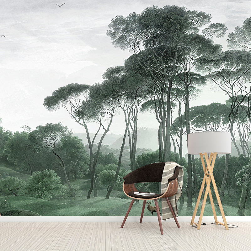 Illustration Style Mural Wallpaper Tall Tree and Grass Giant Wall Covering for Decor, Customized Size Available