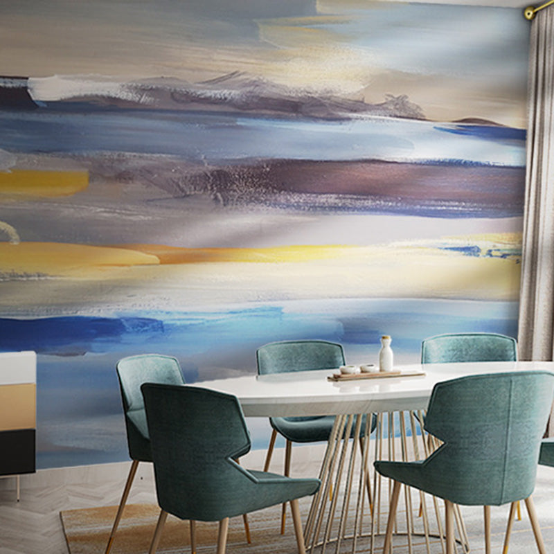 Murales con alba, cielo e mare in stile acquerello in oro e blu, decorazione murale astratta per la camera degli ospiti