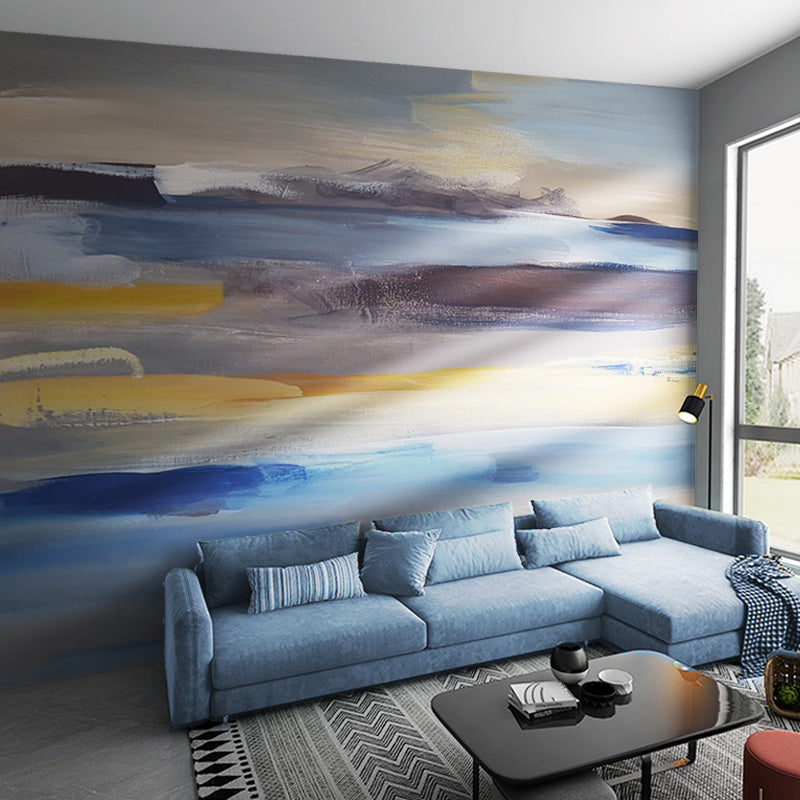 Murals with Sunrise and Sky and Sea of Watercolors Style in Gold and Blue, Abstract Wall Decor for Guest Room