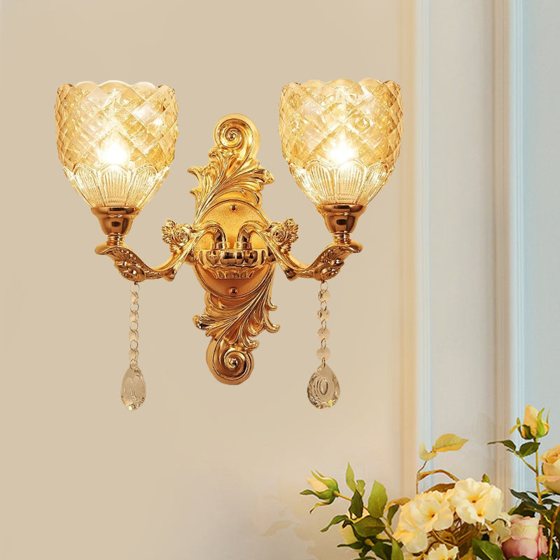 2 Lights Dome/Flower Up Wall Sconce Light European Gold Textured Crystal Wall Lamp Fixture