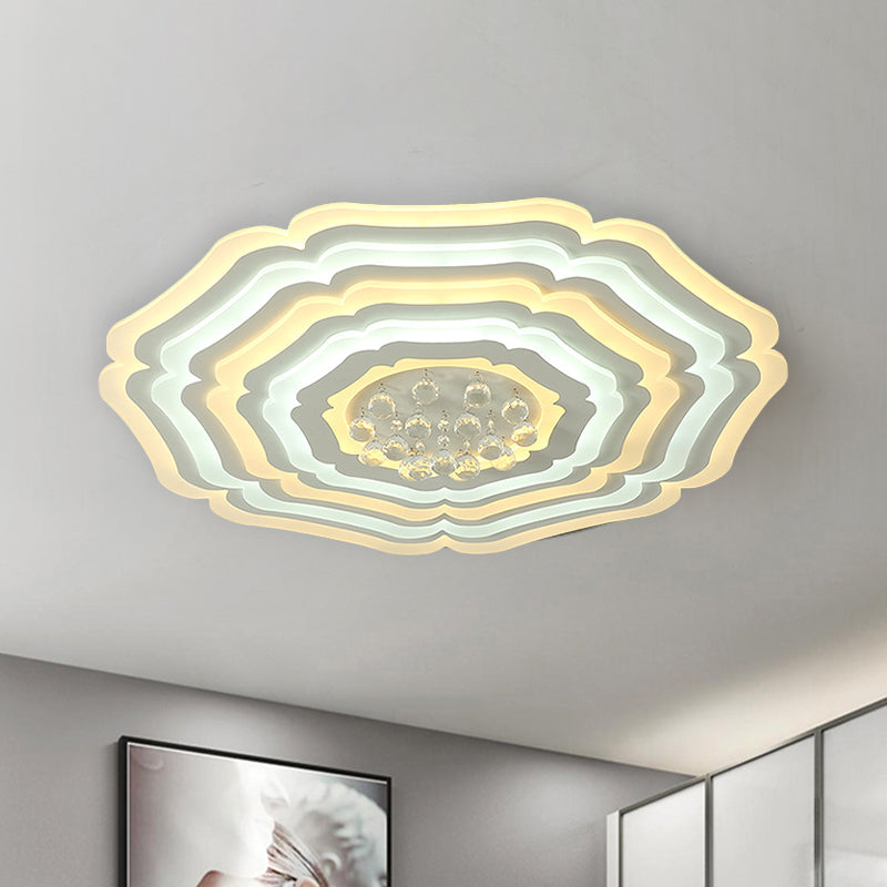 Super Thin Layered Flower LED Flush Light Modernist White Acrylic Ceiling Mount Lamp with Crystal Drop