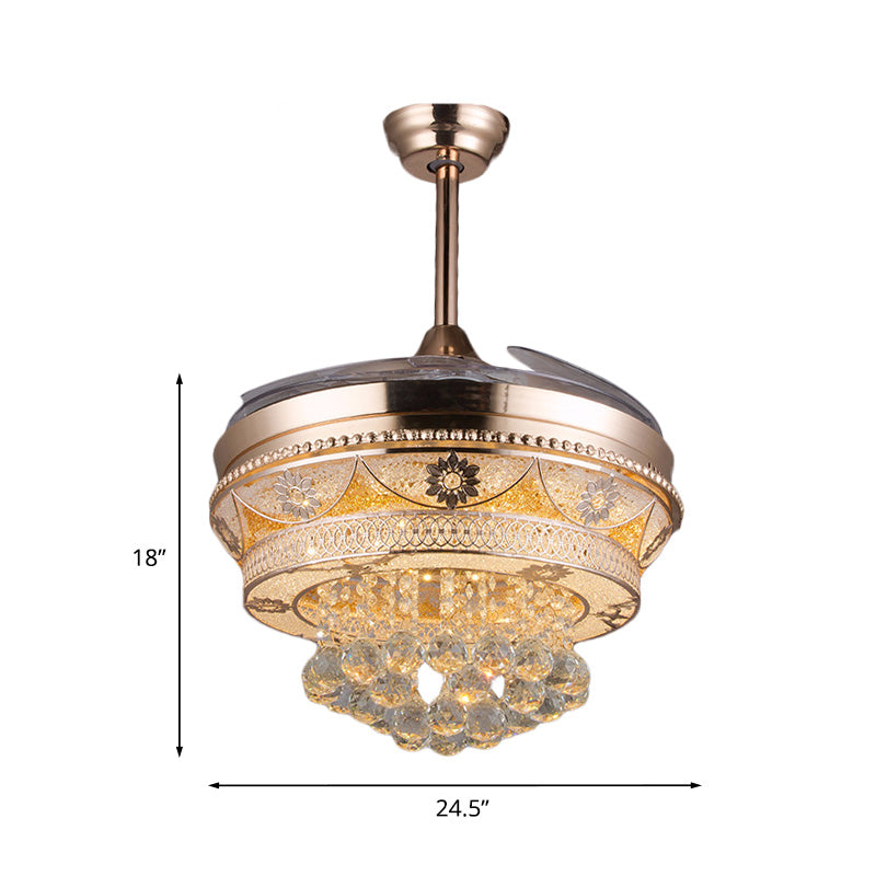 Rosengold -LED -Deckenventilator leichte moderne Kristallrunde Semi -Flush -Halterung mit 3 einziehbaren Klingen, 42,5 "Breite