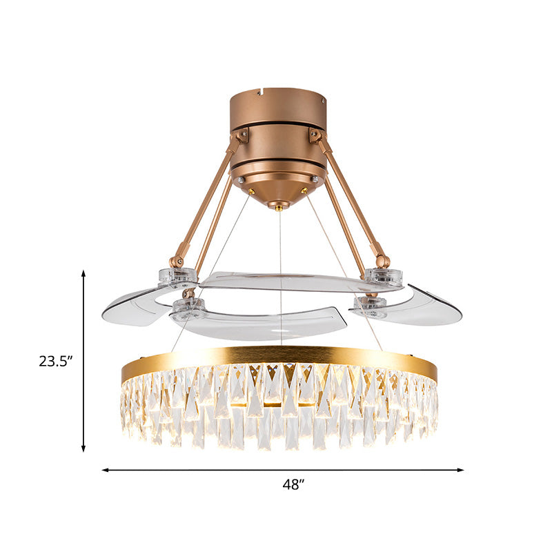 Crystal Prism Gold LED-ventilator Licht cirkelvormige cirkelvormige 3-blade postmoderne stijl semi-flush mount plafondlicht, 48 "breed