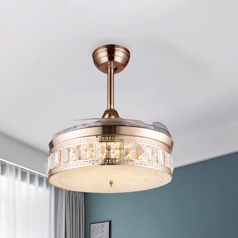 Drum Biseled Crystal Semi Flush Fan Light Comedor simple LED de 3 palas cerca de la lámpara de techo en oro, 42.5 "W