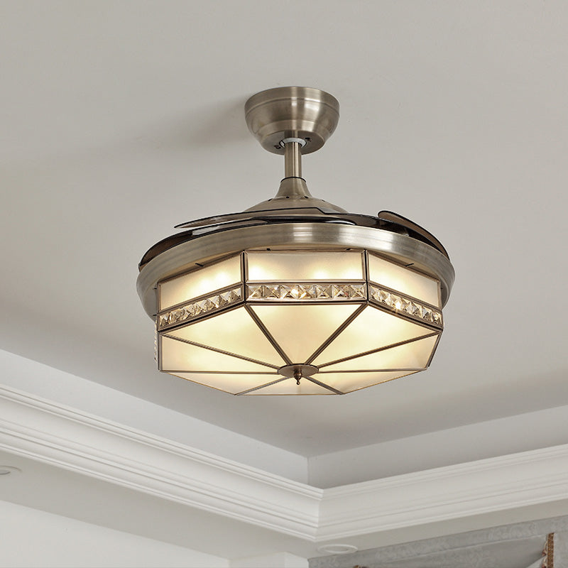 42,5 "breites Oktagon -LED -Deckenlüfter Vintage Bronze Kristall Halbflush -Montierung Leuchte mit 3 einziehbaren Klingen