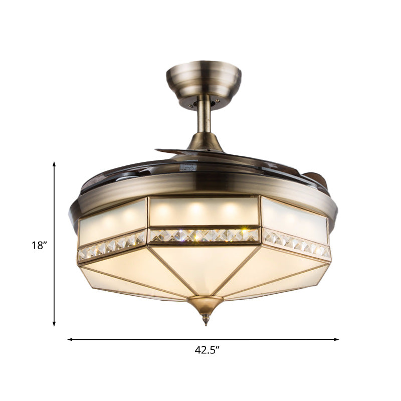 42,5 "breites Oktagon -LED -Deckenlüfter Vintage Bronze Kristall Halbflush -Montierung Leuchte mit 3 einziehbaren Klingen