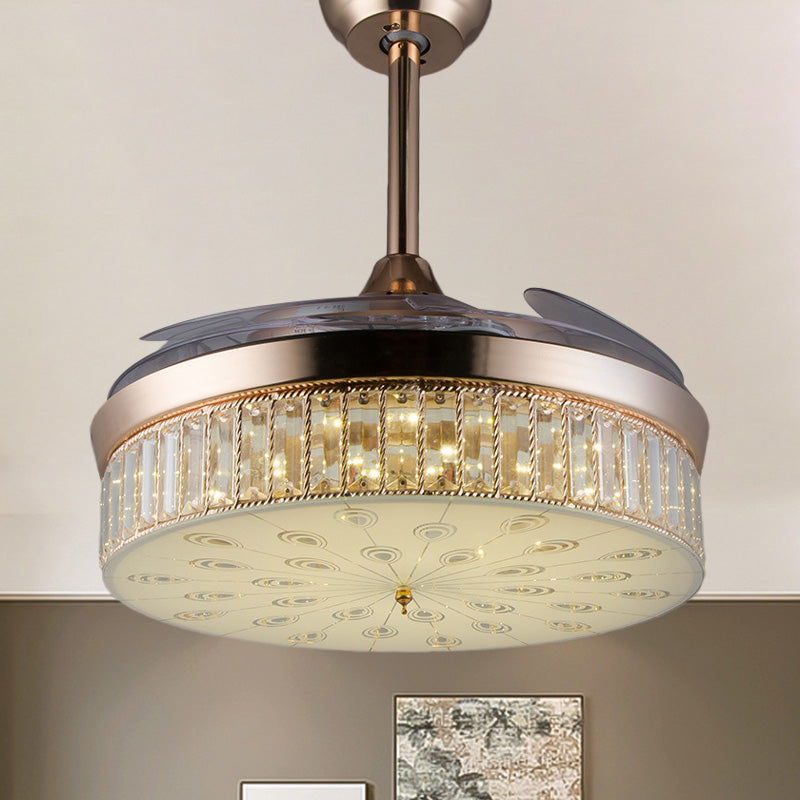 Ventola del soffitto a filo rotondo moderno 3 pale a LED in cristallo semifulò l'illuminazione a montaggio in oro, larghe 42,5 "