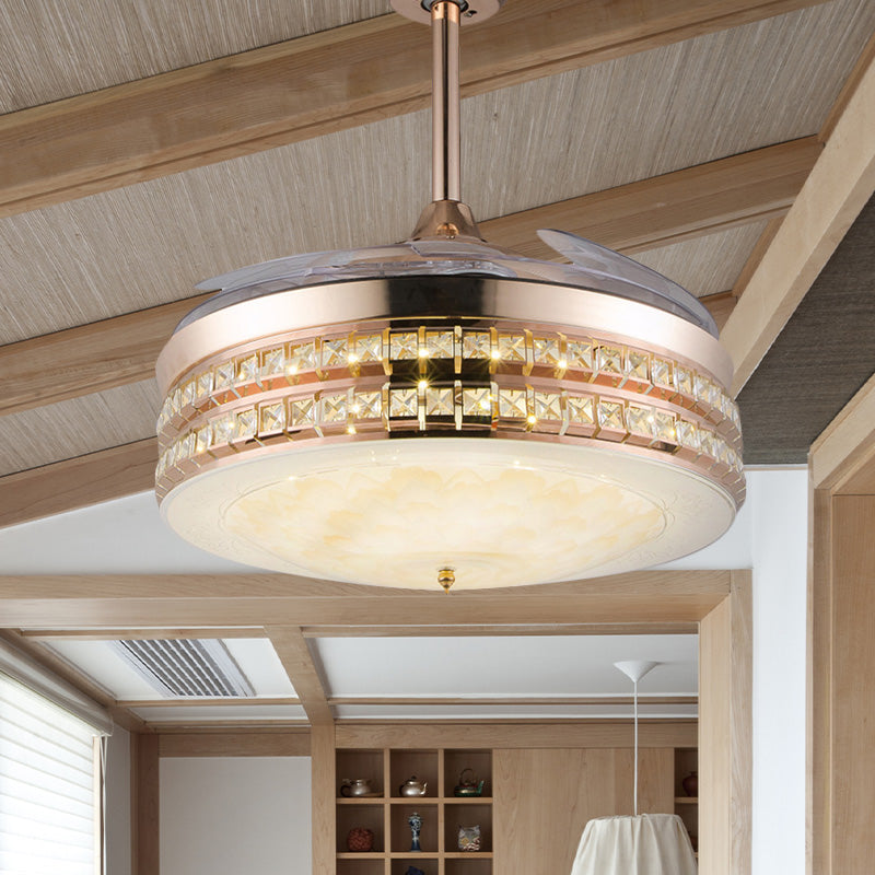 3 lames LED Flush Mount Ventilateur de plafond Simple chambre à coucher Simple Classement avec du tambour Crystal incrusté de l'or, 42,5 "de largeur