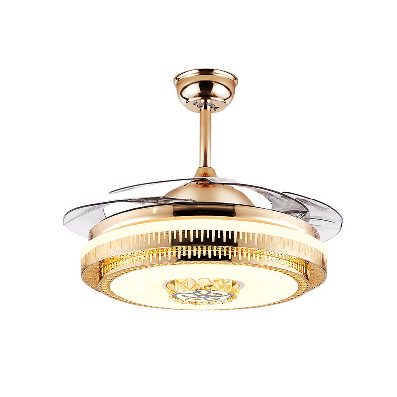 Circular Living Room Fan Lighting Modernism Crystal 4-Blade Gold LED Semi Flush Ceiling Light, 42" Wide