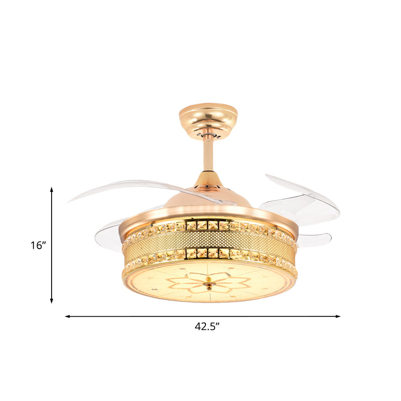 Snijd Crystal Gold Semi Flush Mount Light Drum 4 Blades 42,5 "brede modernistische LED -plafondventilator