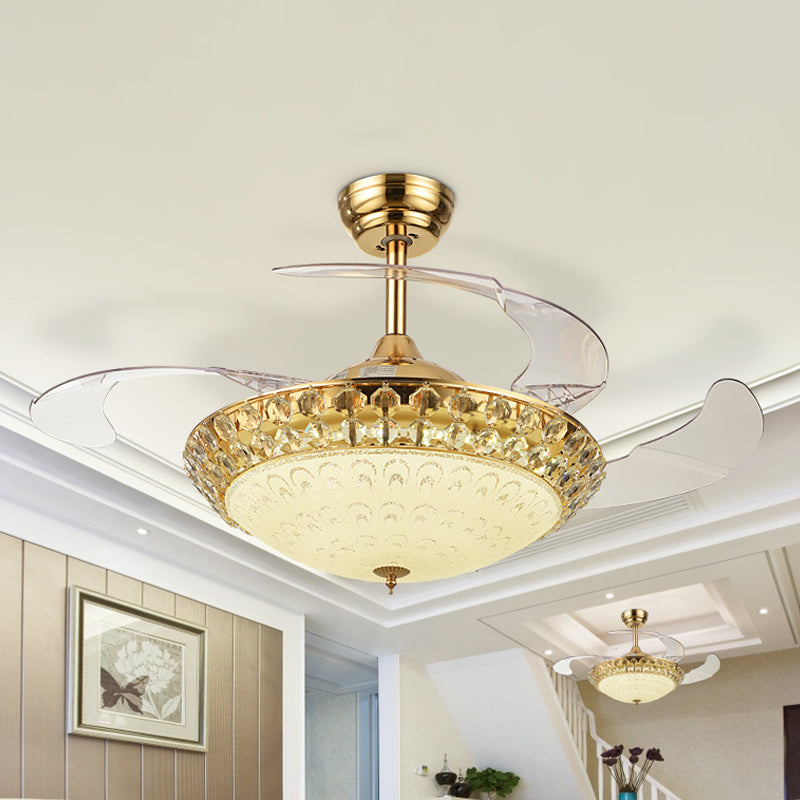 3-Blade-LED-Lüfterleuchte minimalistische Wohnzimmer halb Flush Deckenleuchte mit Schüssel Kristallschatten, 42,5 "breit