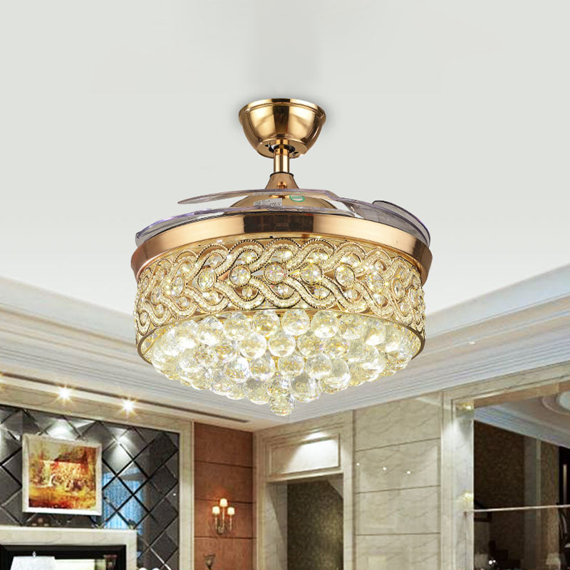 Chevron-zijde drumkristalventilator verlichting eenvoudig 26 "brede 3-blade woonkamer LED Semi Flush Mount in goud