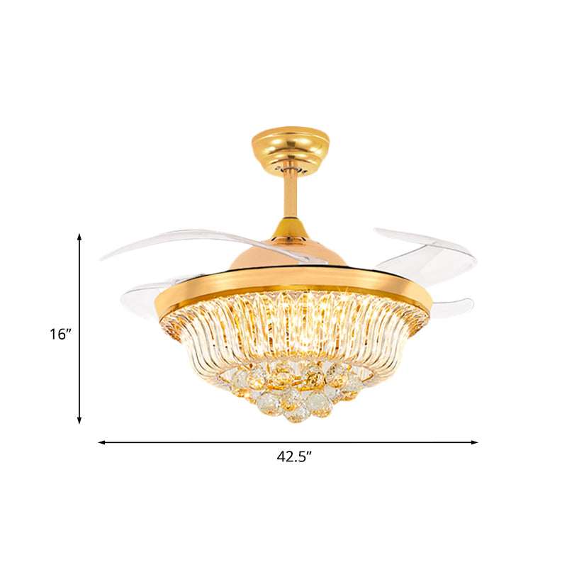 4 Blades Taper LED -Spülen Deckenventilator Moderne Goldkristall -Halbblüte -Lampe, 42,5 "Breite