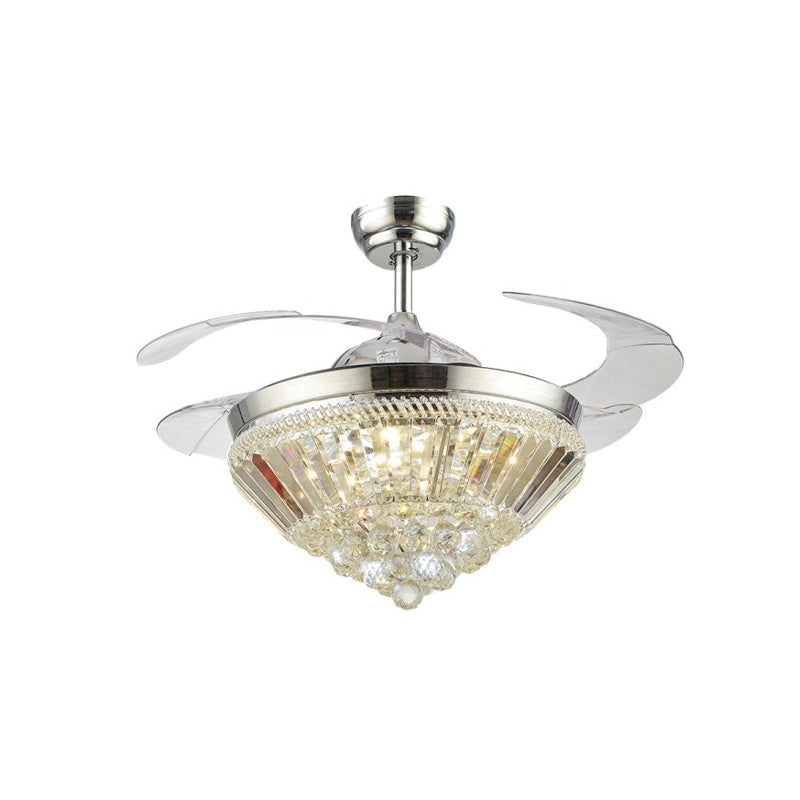 Zilveren kegelvormige plafondventilator lichtkit Modern Crystal 3 Blades Slaapkamer LED Semi Flush, 42,5 "breed