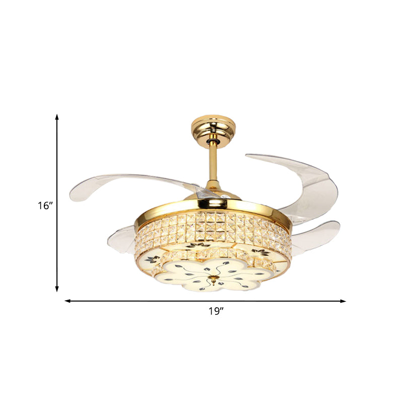 19" W Modern Drum Semi Flush Mount Light Fixture 4 Blades Crystal Ceiling Fan Lamp in Gold
