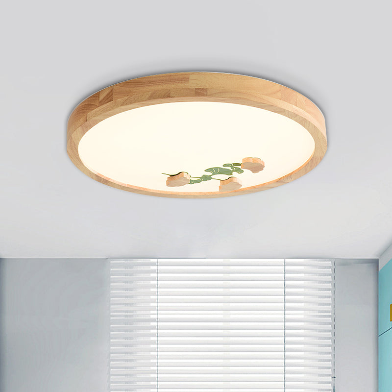 Circle Ceiling Mounted Lamp Simple Wood LED Bedroom Flushmount Light with White/Green Ginkgo Leaf Pattern