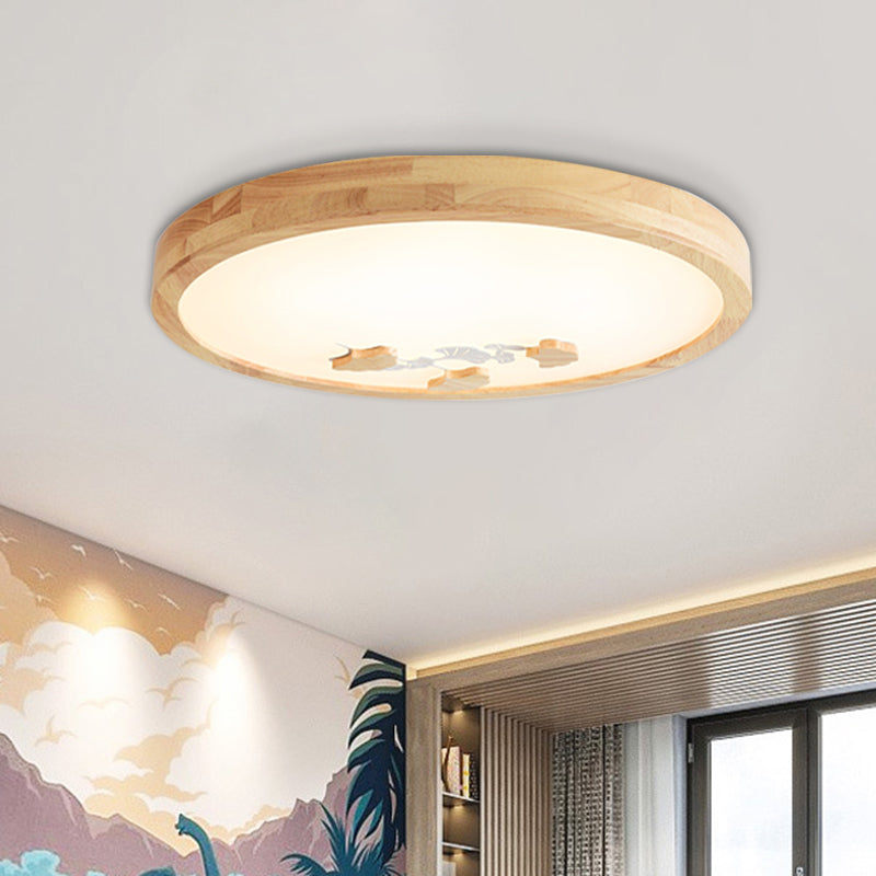 Circle Ceiling Mounted Lamp Simple Wood LED Bedroom Flushmount Light with White/Green Ginkgo Leaf Pattern