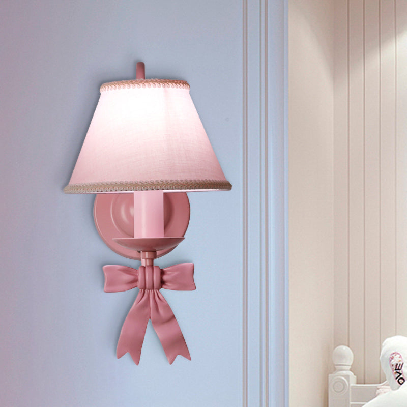 1/2-Light Bedroom Wall Mounted Light Macaron Pink Finish Bow Wall Lamp with Conic Fabric Shade