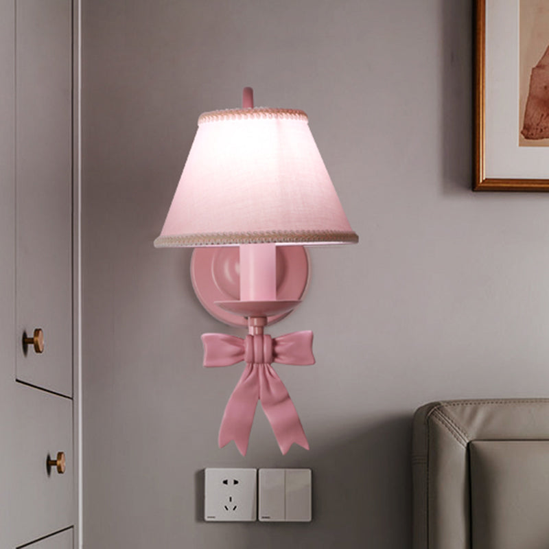 1/2-Light Bedroom Wall Mounted Light Macaron Pink Finish Bow Wall Lamp with Conic Fabric Shade