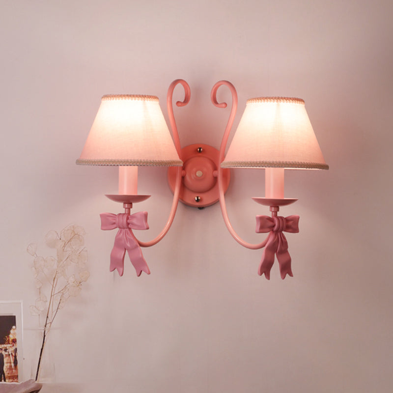 1/2-Light Bedroom Wall Mounted Light Macaron Pink Finish Bow Wall Lamp with Conic Fabric Shade