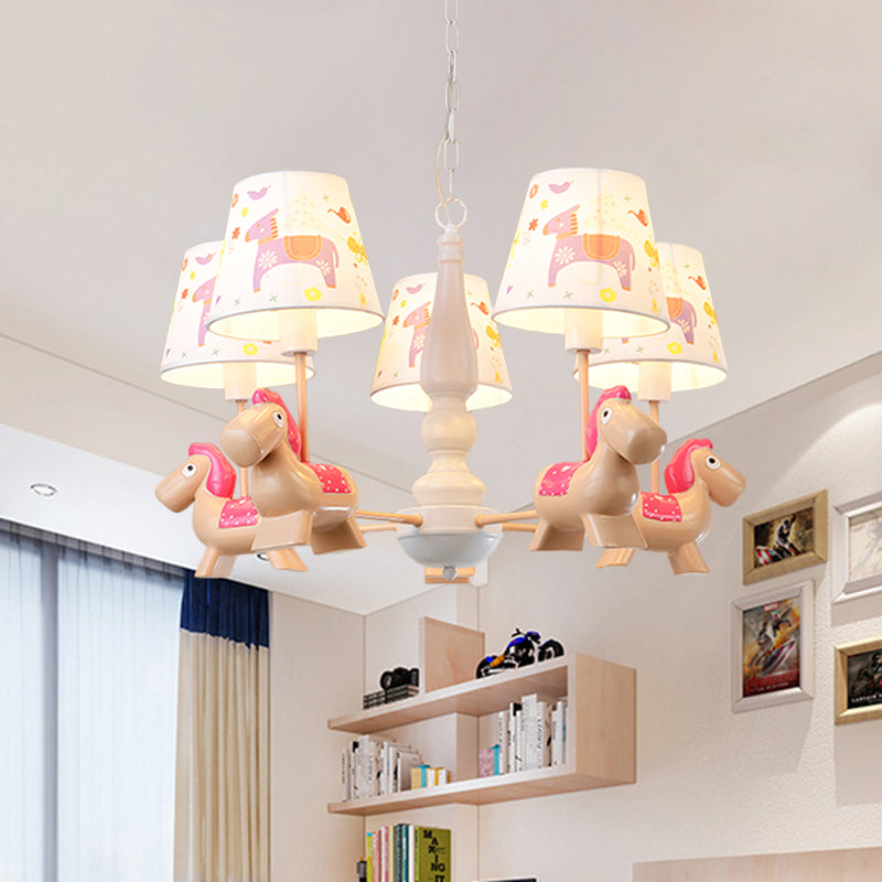 Barrel Hanging Chandelier Cartoon Fabric 5-Head White Finish Radial Pendant Light Kit with Carousel/Fish and Girl Deco