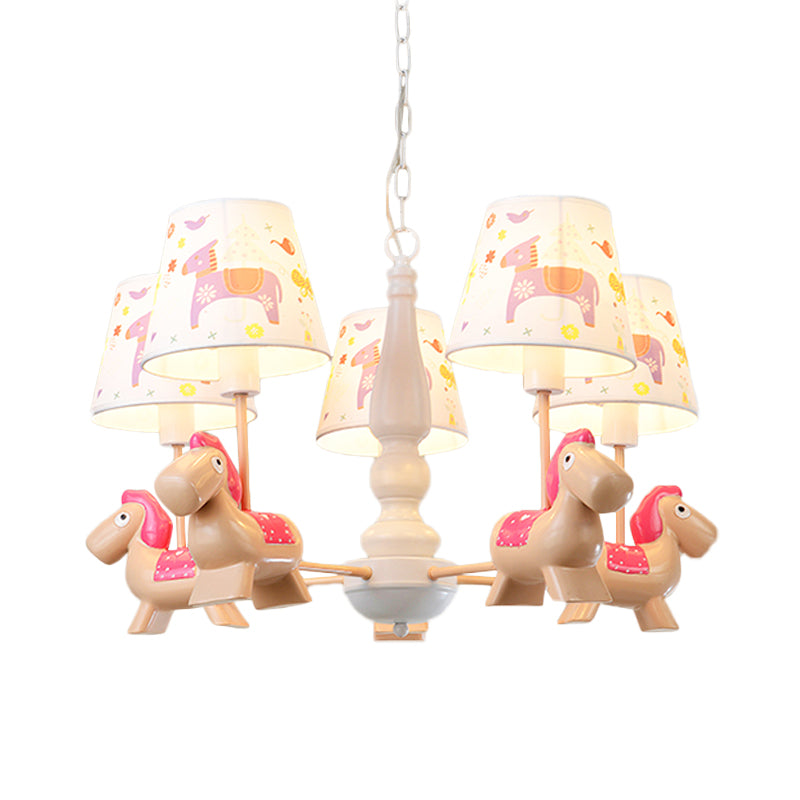 Barrel Hanging Chandelier Cartoon Fabric 5-Head White Finish Radial Pendant Light Kit with Carousel/Fish and Girl Deco