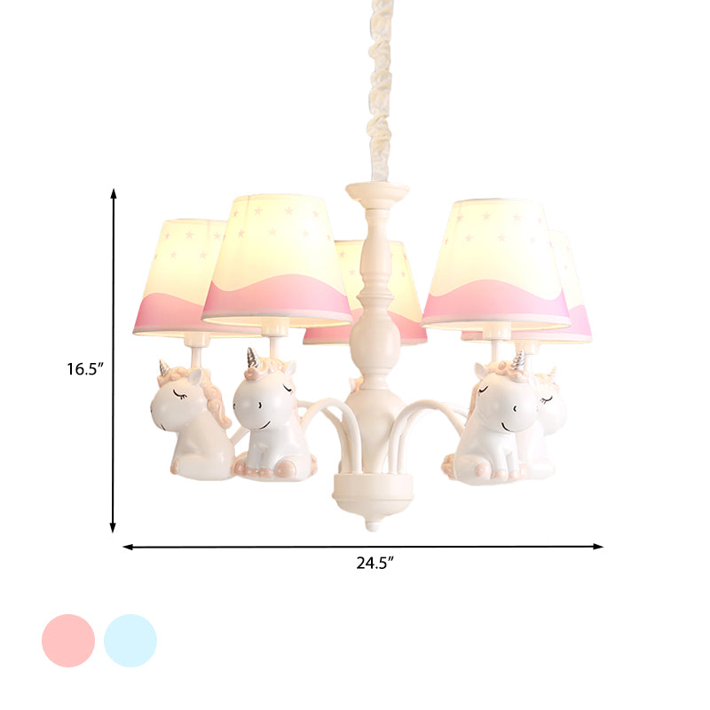 Pink/Blue Barrel Shade Chandelier Lighting Cartoon 5 Lights Fabric Pendulum Lamp with Unicorn Decor