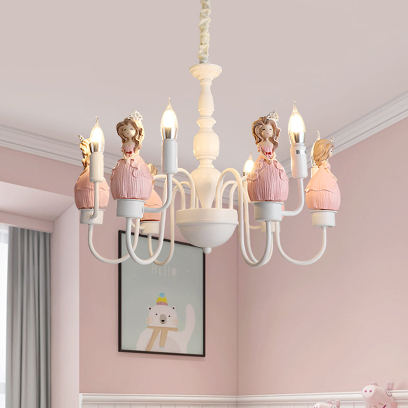 Princess Resin Hanging Light Kit Cartoon 6 Bulbs Pink and White Candle Chandelier Pendant Lamp