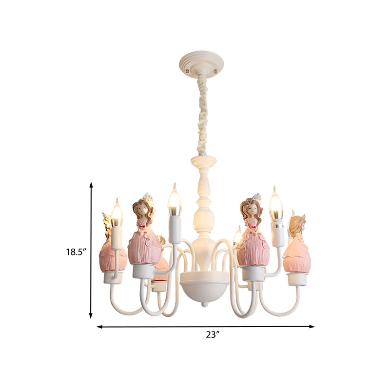 Princess Resin Hanging Light Kit Cartoon 6 Bulbs Pink and White Candle Chandelier Pendant Lamp