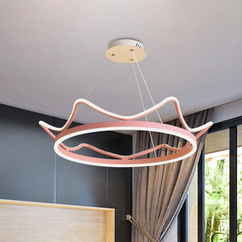 Metallic Crown Shape Suspension Light Nordic LED Pendant Chandelier in Pink/Gold for Kids Bedroom