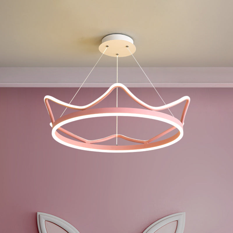 Suspension de forme de couronne métallique légère lustre de pendentif à LED nordique en rose / or pour la chambre pour enfants