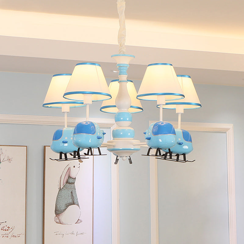 Cartoon Aircraft Chandelier Light Fixture Resin 3/5 Lights Child Room Ceiling Lamp with Cone White Fabric Shade in Blue