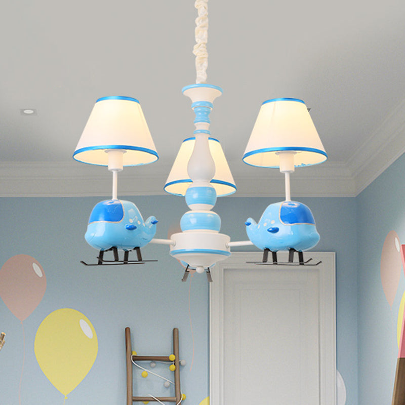 Cartoon Aircraft Chandelier Light Fixture Resin 3/5 Lights Child Room Ceiling Lamp with Cone White Fabric Shade in Blue