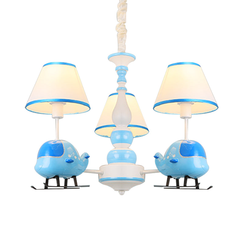 Cartoon Aircraft Chandelier Light Fixture Resin 3/5 Lights Child Room Ceiling Lamp with Cone White Fabric Shade in Blue