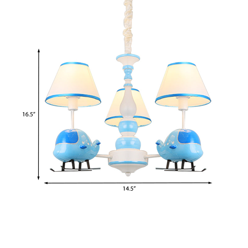 Cartoon Aircraft Chandelier Light Fixture Resin 3/5 Lights Child Room Ceiling Lamp with Cone White Fabric Shade in Blue