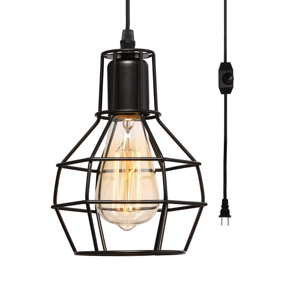 1 Bulb Plug In Suspension Light with Globe Cage Shade Retro Loft Black Metal Hanging Ceiling Light