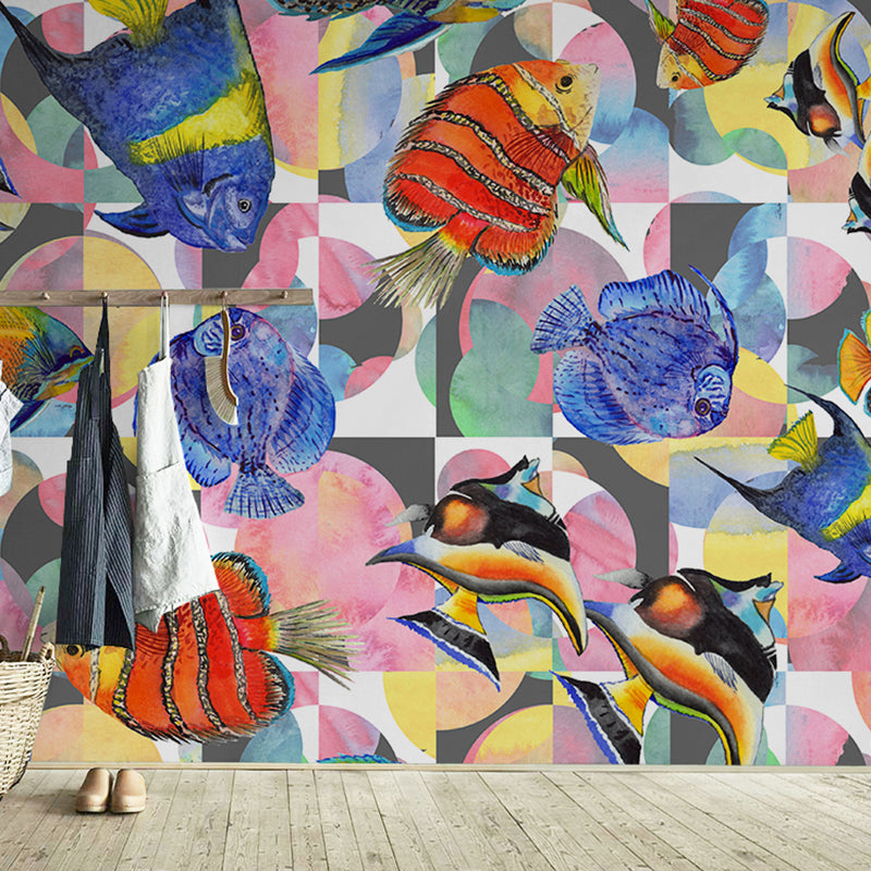Decorative Non-Woven Fabric Mural Wallpaper Natural Undersea Fish Wall Covering for Living Room