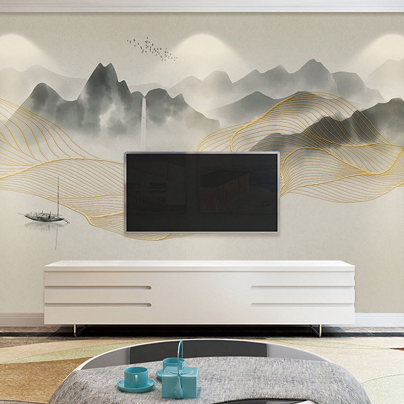 Yellow and Grey Mural Wallpaper Boat and River Stain-Resistant Wall Art for Guest Room