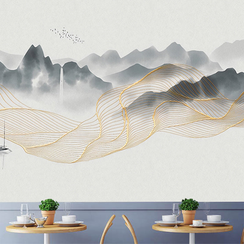 Yellow and Grey Mural Wallpaper Boat and River Stain-Resistant Wall Art for Guest Room