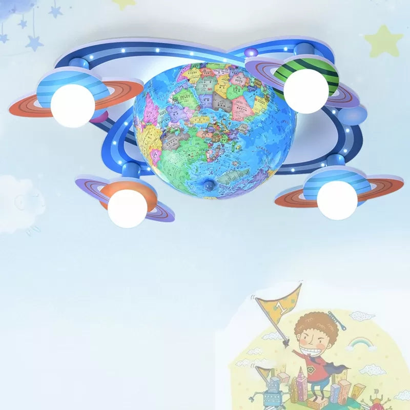 Houten bol plafondmontage licht vier hoofden moderne plafondarmatuur in blauw voor babykamer