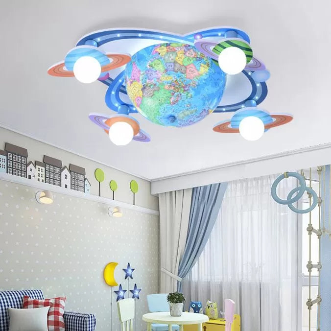 Houten bol plafondmontage licht vier hoofden moderne plafondarmatuur in blauw voor babykamer