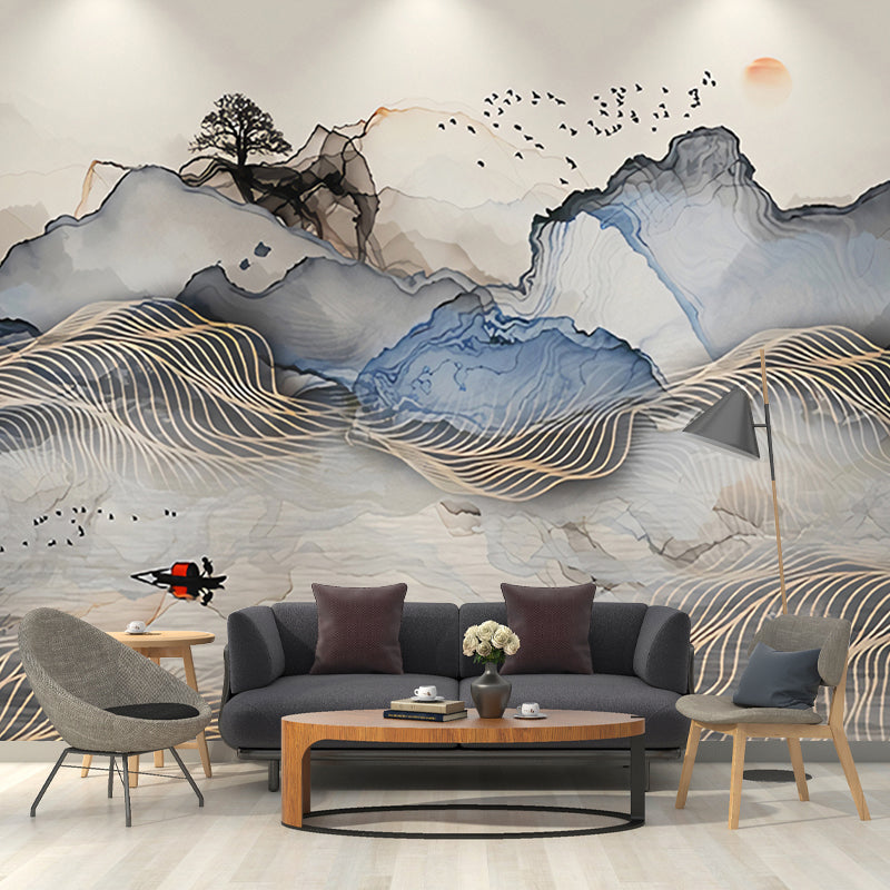 Minimalist Wall Mural Grey and Blue Mountain and Sun Wall Covering for Gallery, Non-Woven Material